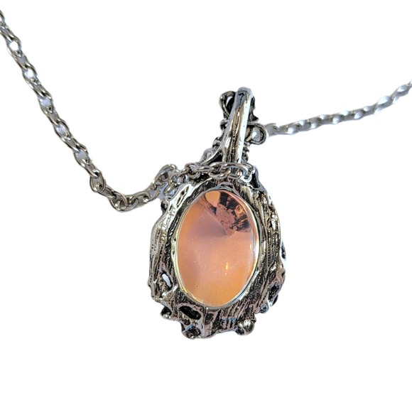 Antiqued Silver Tone Free Form Oval Cabochon Iridescent Crystal Pendant 18" - Picture 3 of 4